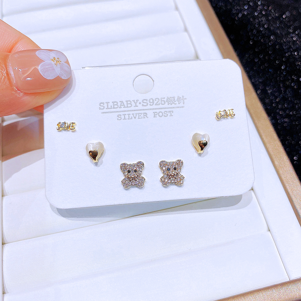 Cute Bear Copper Ear Studs Inlay opal Zircon Copper Earrings 6 Pieces