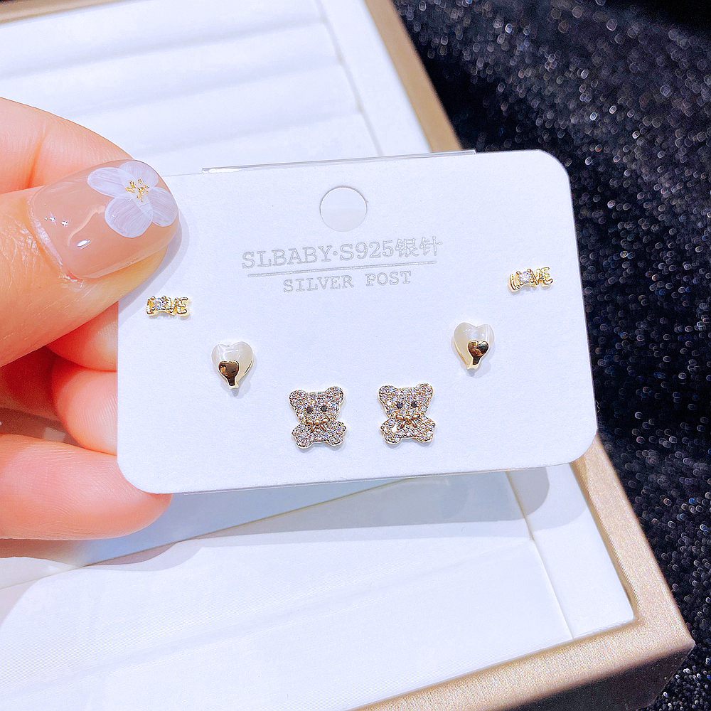 Cute Bear Copper Ear Studs Inlay opal Zircon Copper Earrings 6 Pieces