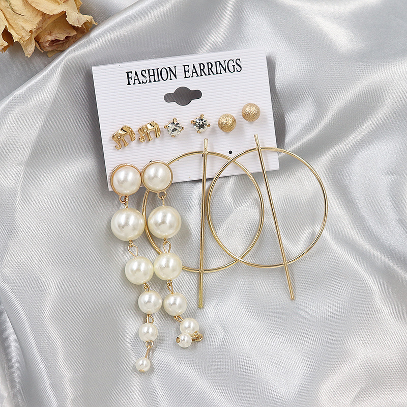Retro Elephant Alloy Pearl Rhinestone Drop Earrings 5 Pairs