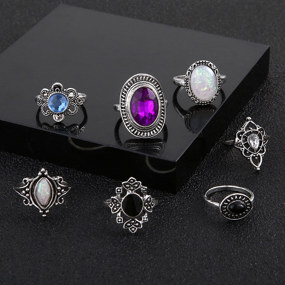 Vintage Style Geometric Alloy Plating Inlay Artificial Gemstones Rings 7 Pieces