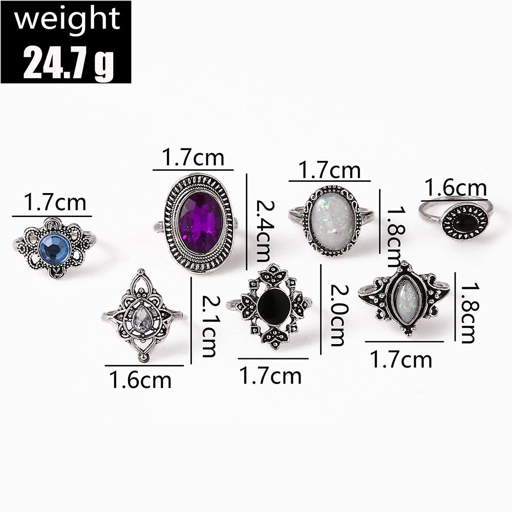 Vintage Style Geometric Alloy Plating Inlay Artificial Gemstones Rings 7 Pieces