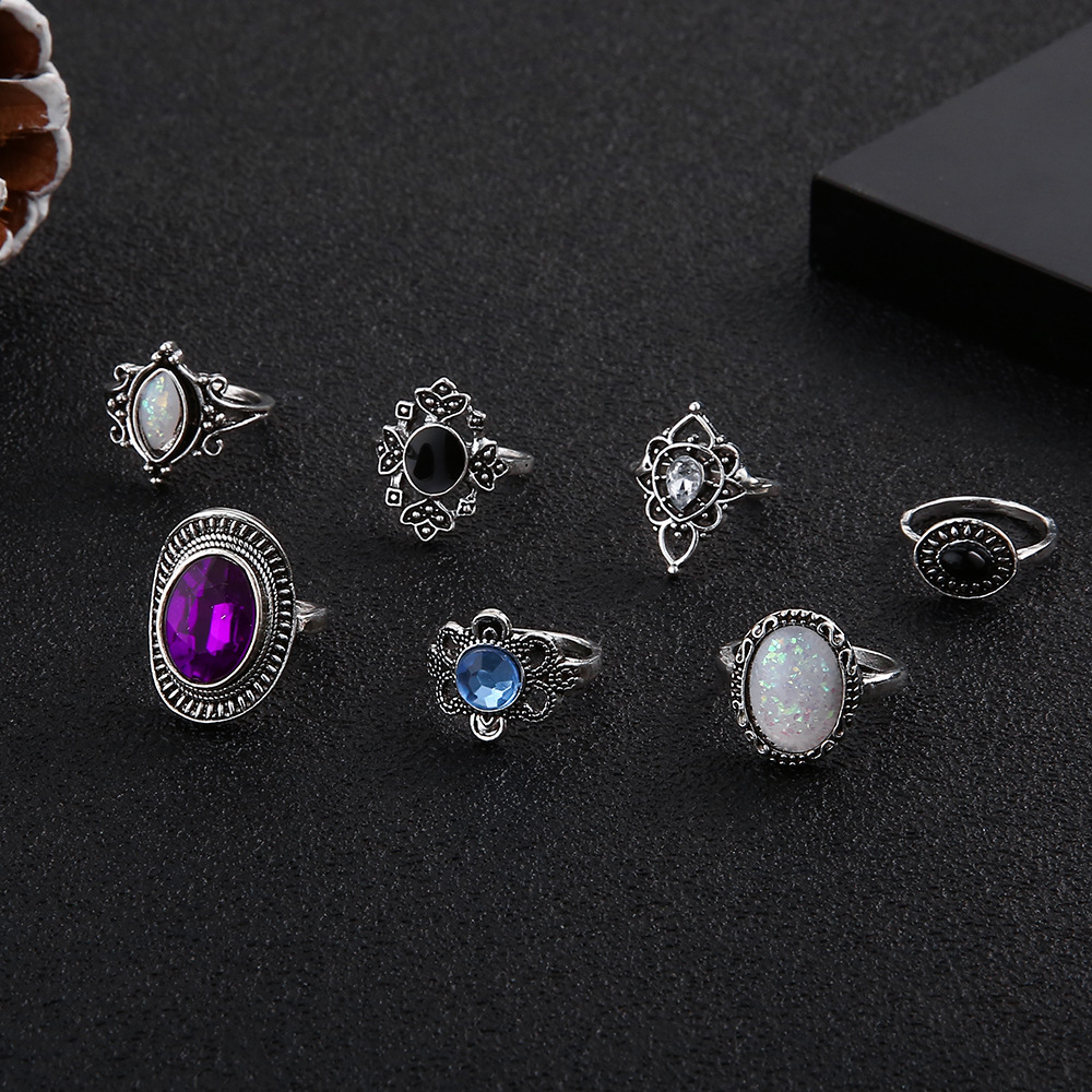 Vintage Style Geometric Alloy Plating Inlay Artificial Gemstones Rings 7 Pieces