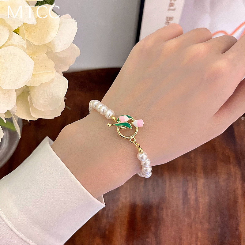 Sweet Flower Imitation Pearl Alloy Flower Bracelets 1 Piece