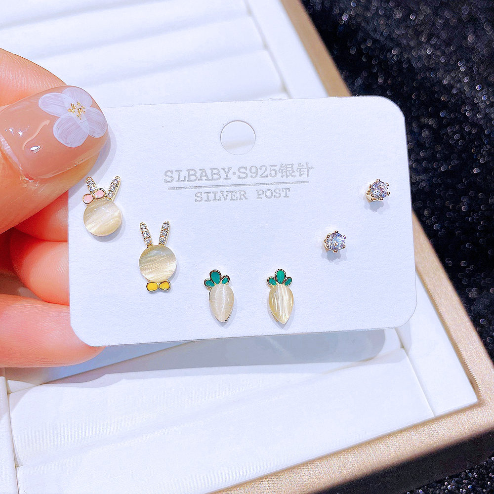 Cute Rabbit Carrot Copper Ear Studs Inlay opal Zircon Copper Earrings 6 Pieces