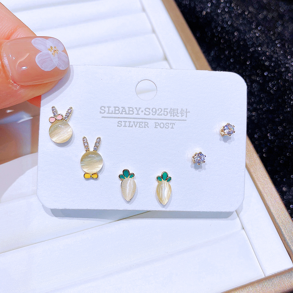 Cute Rabbit Carrot Copper Ear Studs Inlay opal Zircon Copper Earrings 6 Pieces