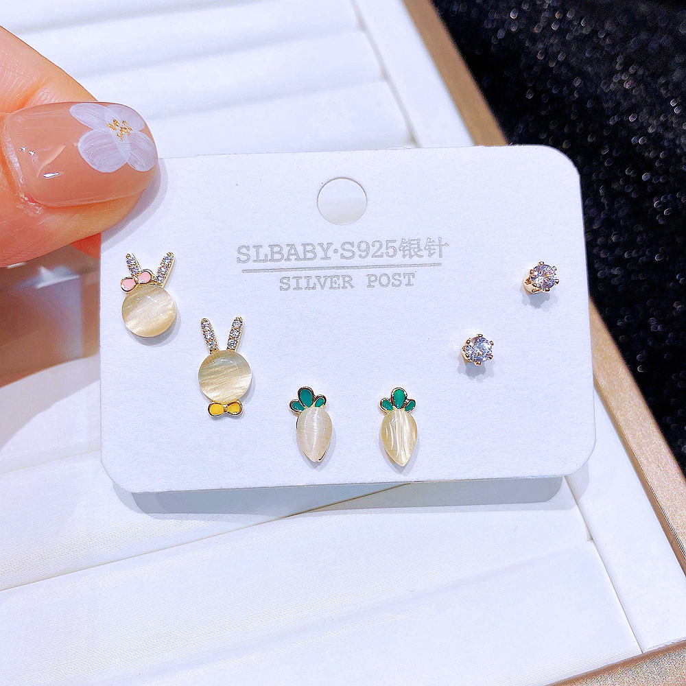 Cute Rabbit Carrot Copper Ear Studs Inlay opal Zircon Copper Earrings 6 Pieces