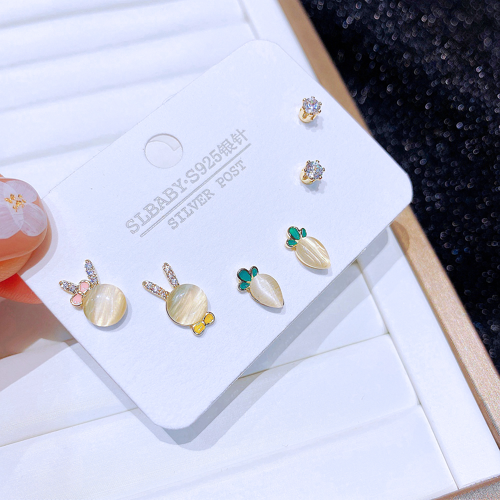 Cute Rabbit Carrot Copper Ear Studs Inlay opal Zircon Copper Earrings 6 Pieces