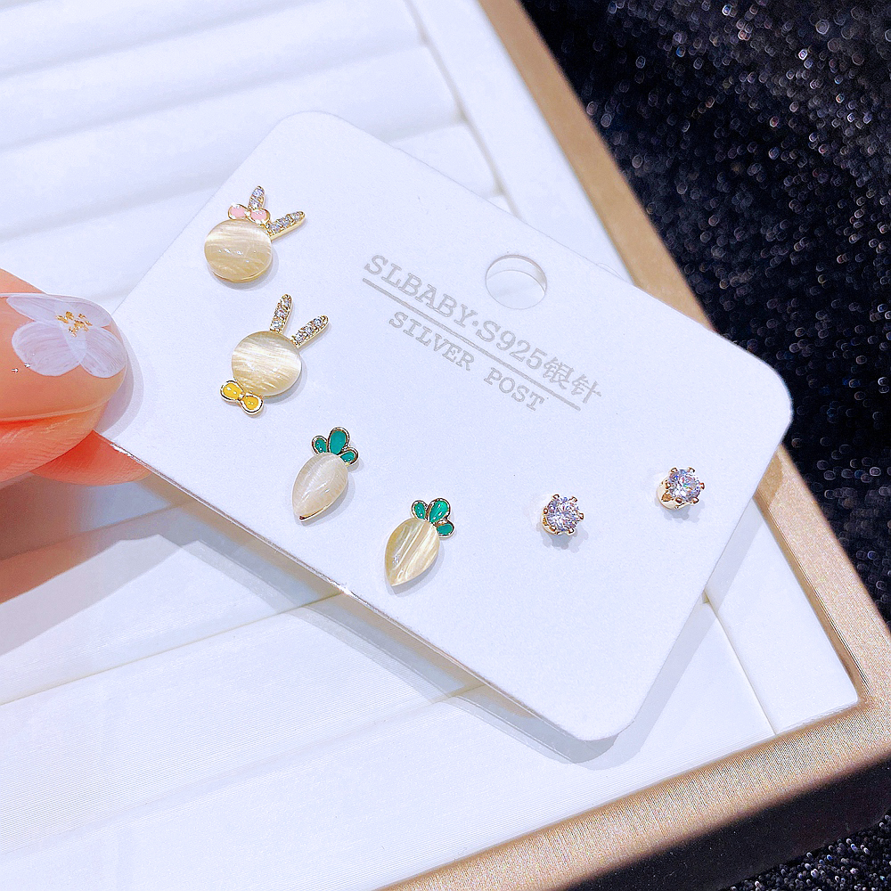 Cute Rabbit Carrot Copper Ear Studs Inlay opal Zircon Copper Earrings 6 Pieces