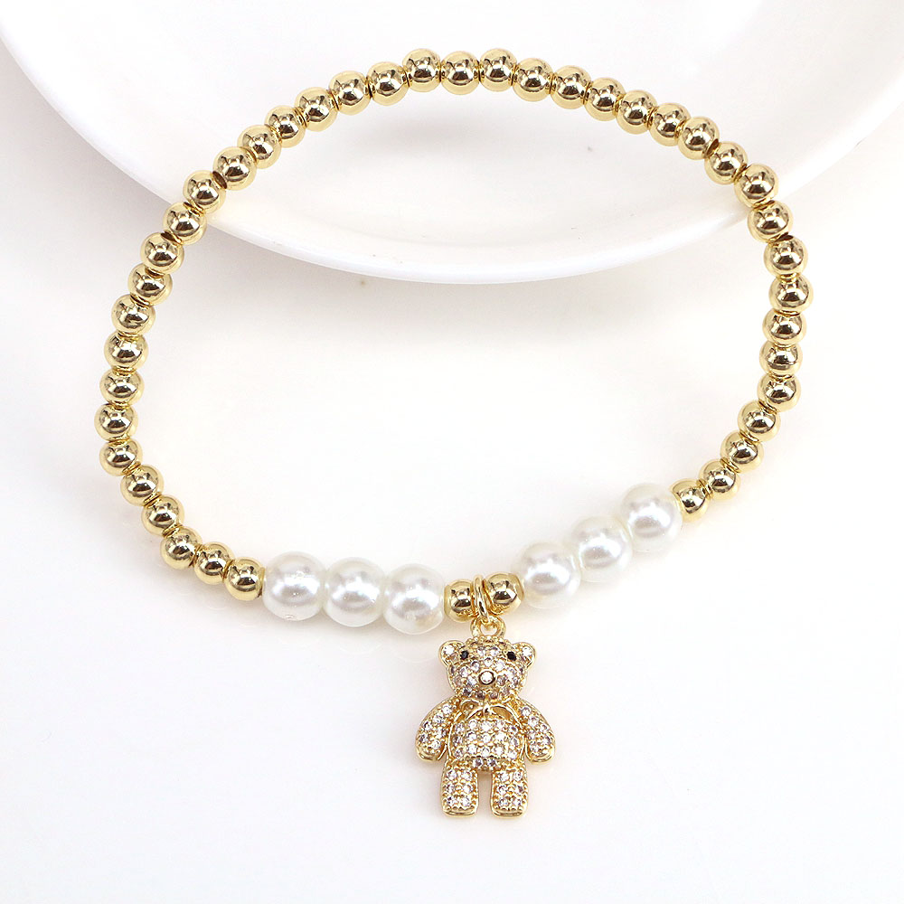 Cute Bear Copper Bracelets Inlaid Zircon Artificial Pearls Copper Bracelets 1 Piece