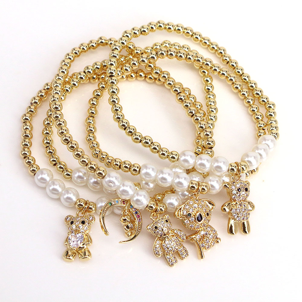 Cute Bear Copper Bracelets Inlaid Zircon Artificial Pearls Copper Bracelets 1 Piece
