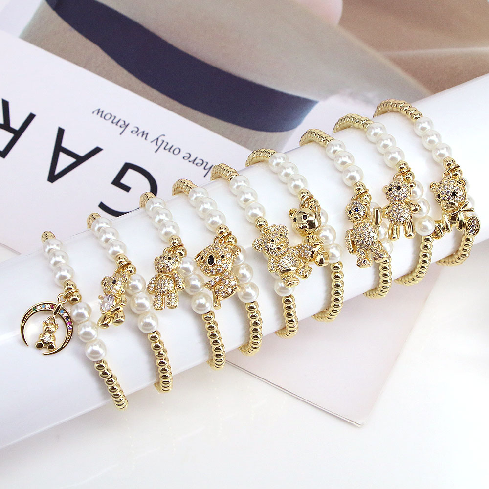 Cute Bear Copper Bracelets Inlaid Zircon Artificial Pearls Copper Bracelets 1 Piece