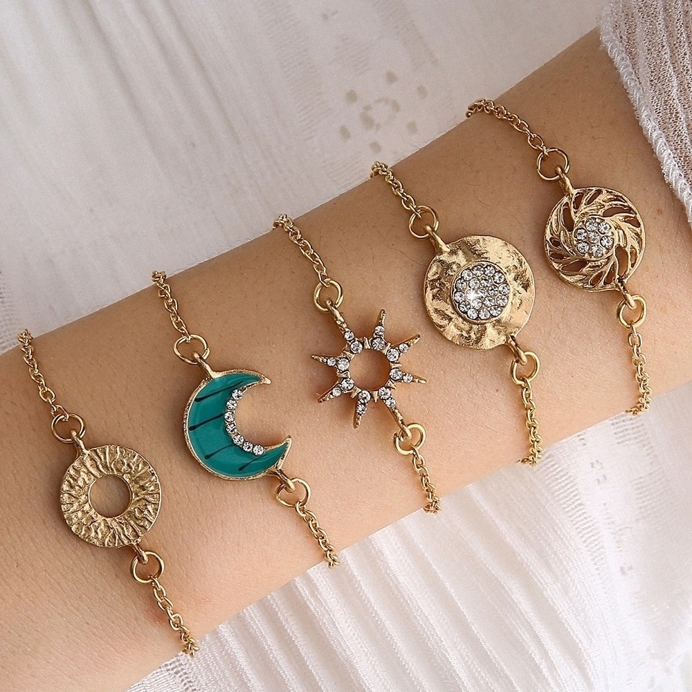 Vintage Style Sun Moon Alloy Plating Artificial Diamond Bracelets 5 Piece Set