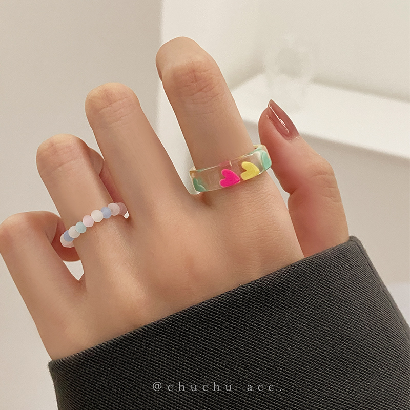 Cute Heart Shape Synthetic Resin Beaded Rings