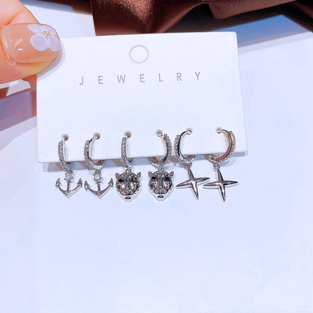 Fashion Anchor Copper Dangling Earrings Inlay Zircon Copper Earrings 6 Pieces