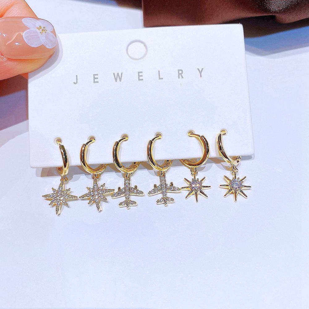 Fashion Hexagram Airplane Copper Dangling Earrings Inlay Zircon Copper Earrings 6 Pieces