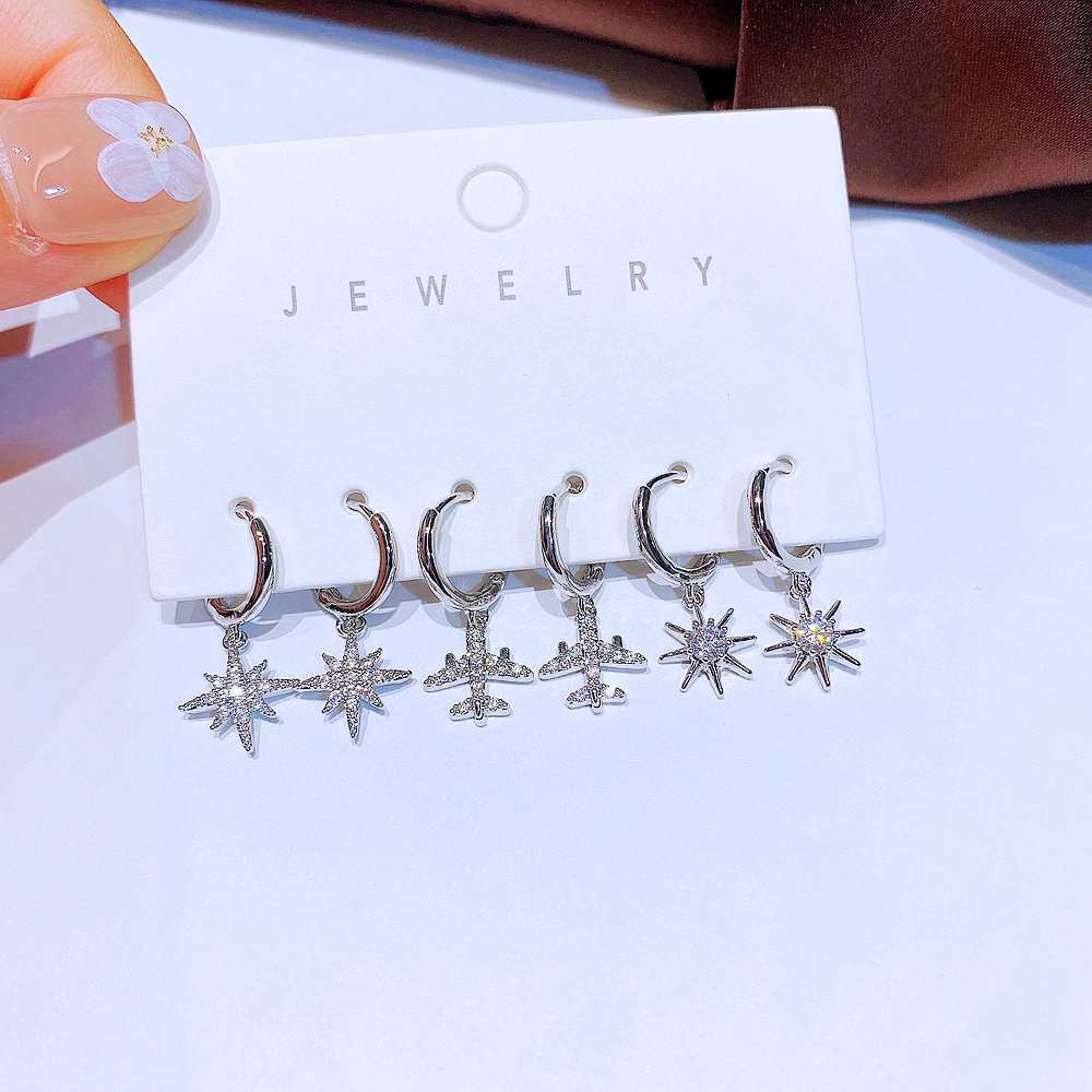 Fashion Hexagram Airplane Copper Dangling Earrings Inlay Zircon Copper Earrings 6 Pieces