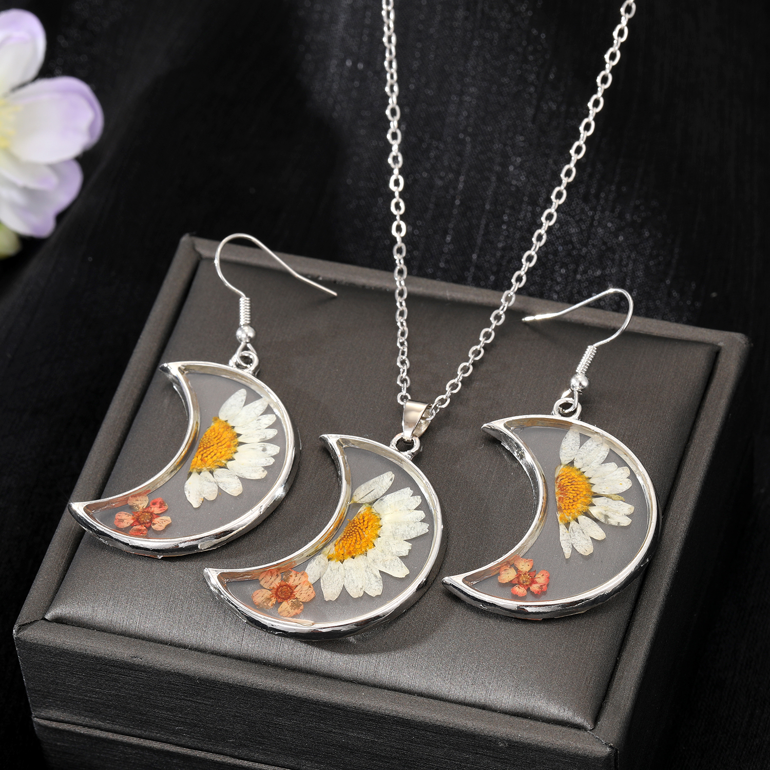 Retro Moon Flower Alloy Epoxy Alloy Ear Studs Necklace 1 Piece