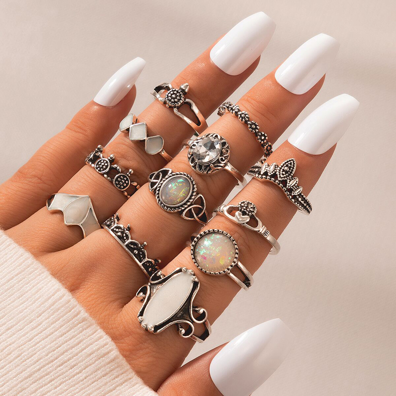 Retro Geometric Alloy Inlay Artificial Gemstones Rings