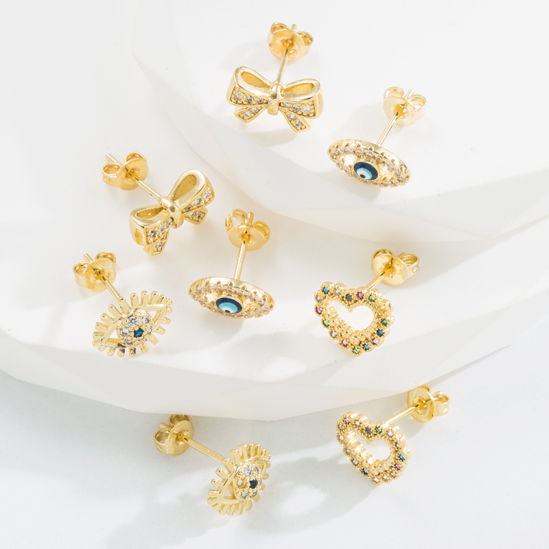 Fashion Heart Shape Eye Bow Knot Copper Ear Studs Gold Plated Zircon Copper Earrings 1 Pair