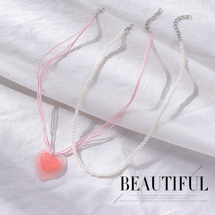 Cute Heart Shape Resin Beaded Artificial Pearls Layered Necklaces 1 Piece