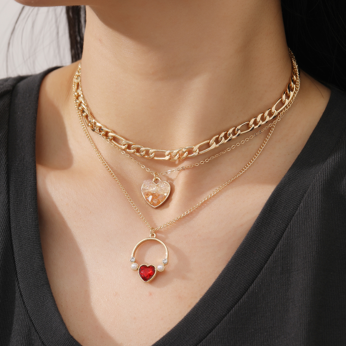 Fashion Heart Shape Alloy Inlay Artificial Pearls Rhinestone Layered Necklaces