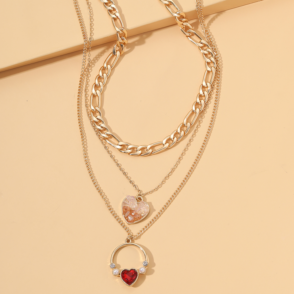 Fashion Heart Shape Alloy Inlay Artificial Pearls Rhinestone Layered Necklaces