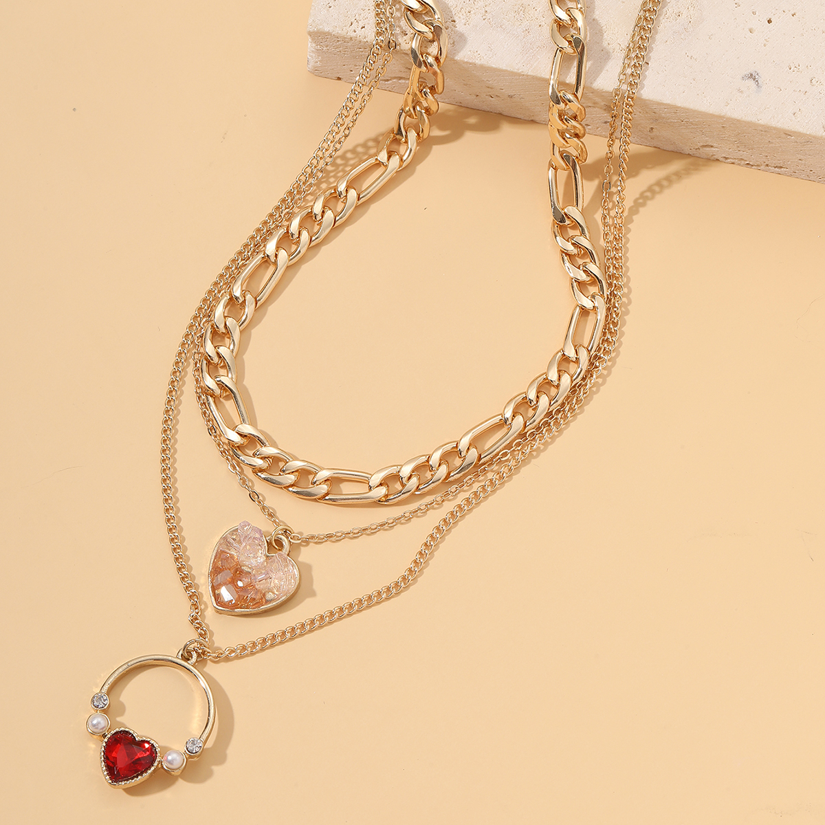 Fashion Heart Shape Alloy Inlay Artificial Pearls Rhinestone Layered Necklaces