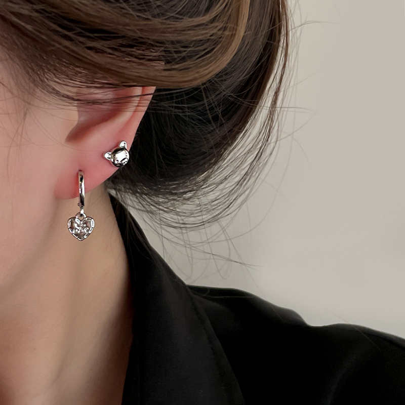 Hip-Hop Bear Heart Shape Bow Knot Alloy Chain Drop Earrings 1 Set