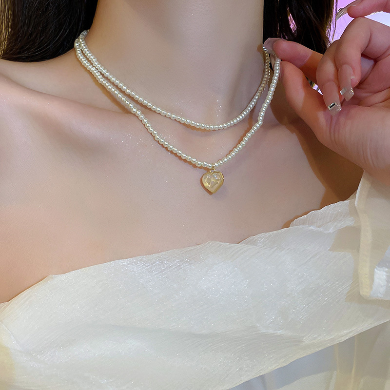 Sweet Heart Shape Imitation Pearl Alloy Layered Inlaid Acrylic Necklace 1 Piece