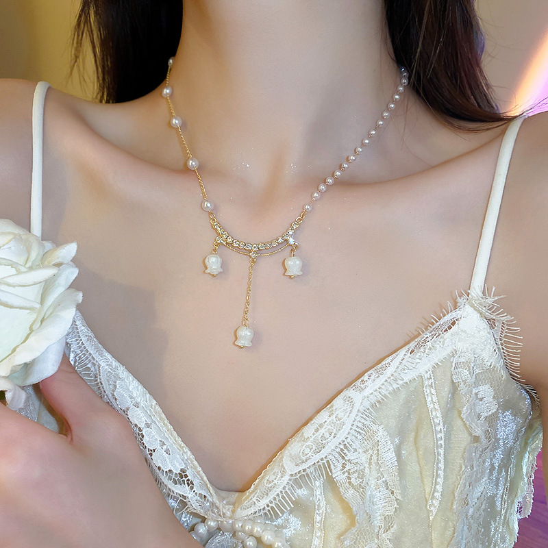 Sweet Flower Arylic Imitation Pearl Copper Tassel Plating Inlay Rhinestone Necklace 1 Piece