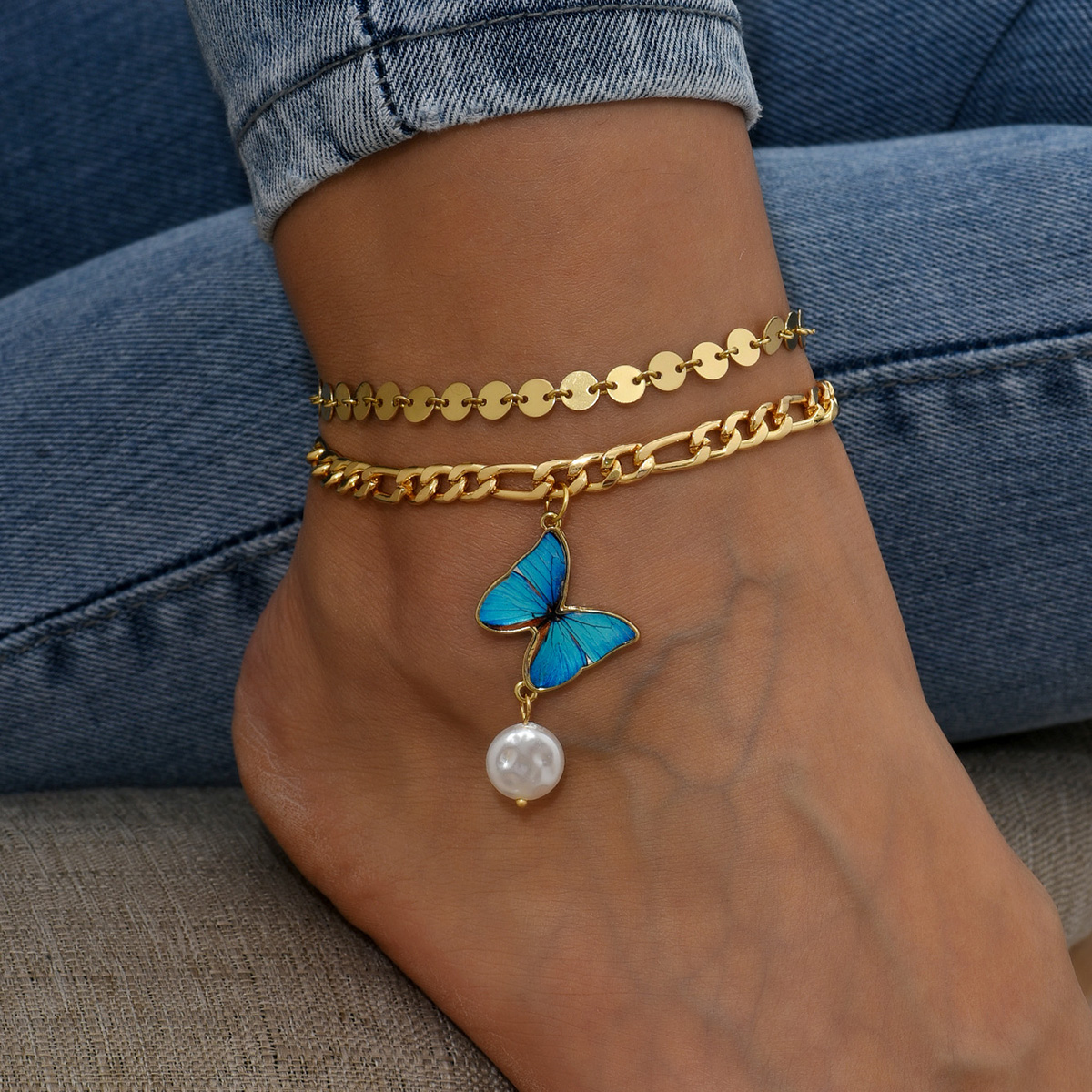 Fashion Butterfly Alloy Chain Pearl Anklet