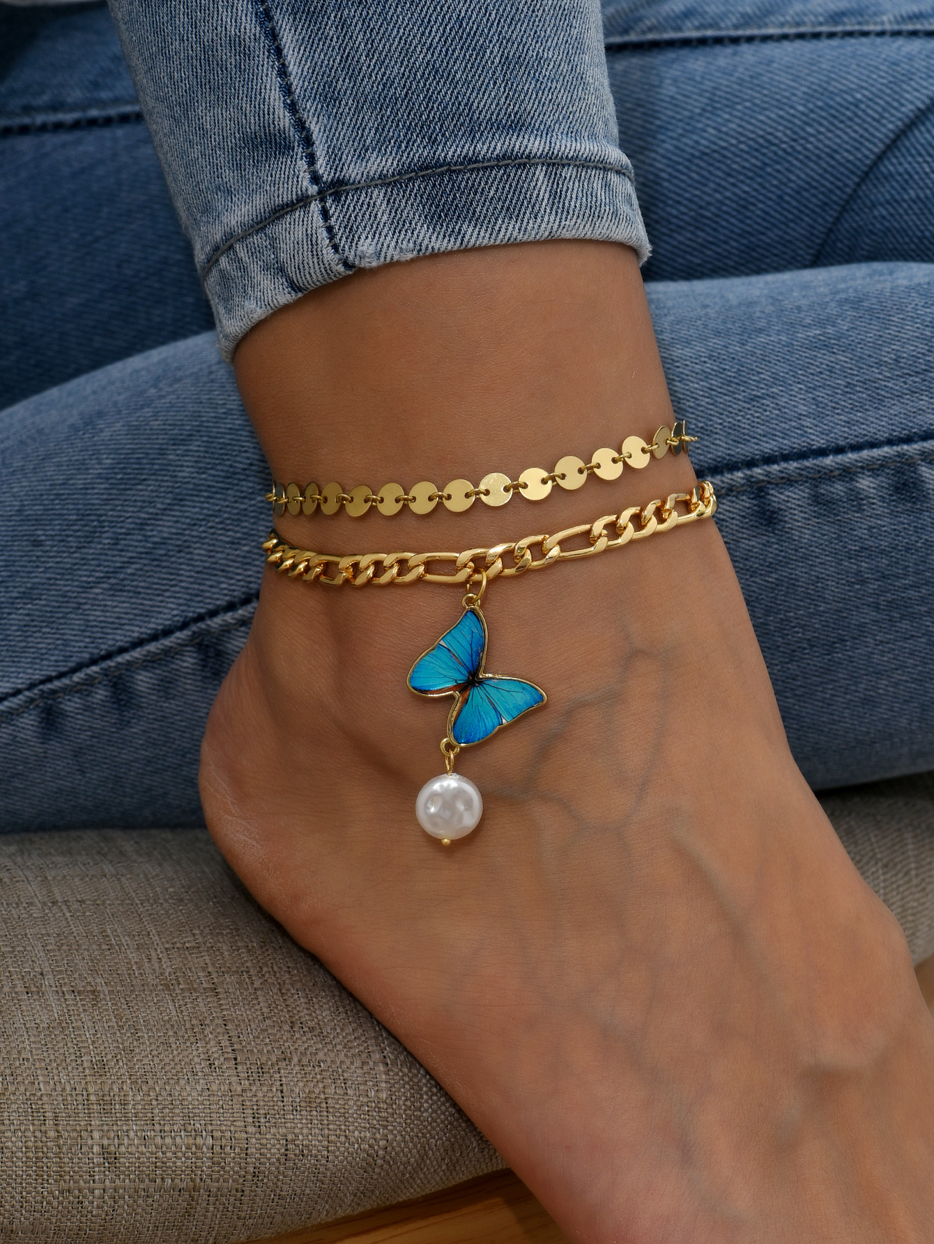 Fashion Butterfly Alloy Chain Pearl Anklet