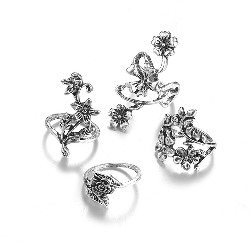 Vintage Style Leaves Flower Alloy Plating Alloy Rings 1 Set