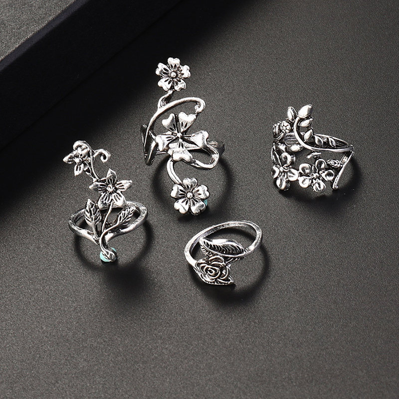 Vintage Style Leaves Flower Alloy Plating Alloy Rings 1 Set