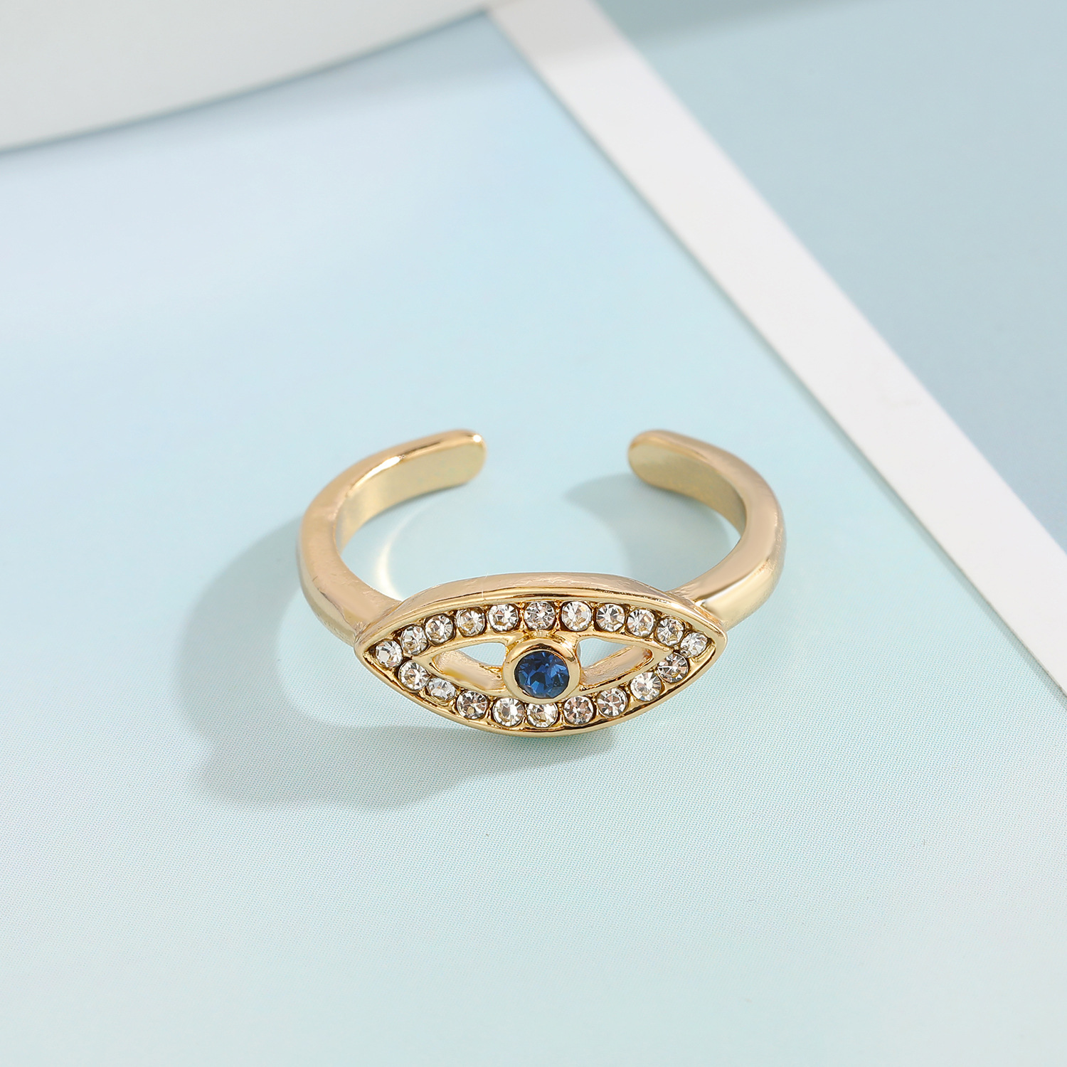 simple creative eye-shaped diamond blue adjustable ring wholesale nihaojewelry