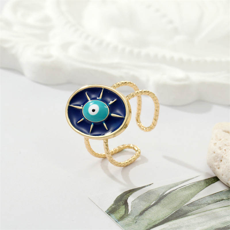 retro blue drop oil round eye hollow ring alloy devil eye opening ring