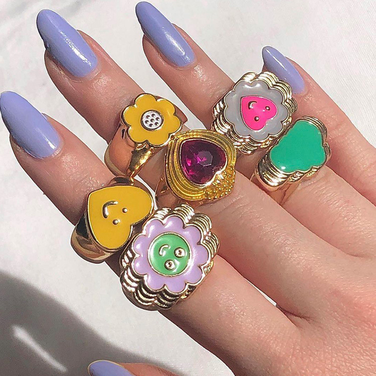 fashion heart smiley flower geometric alloy drip ring