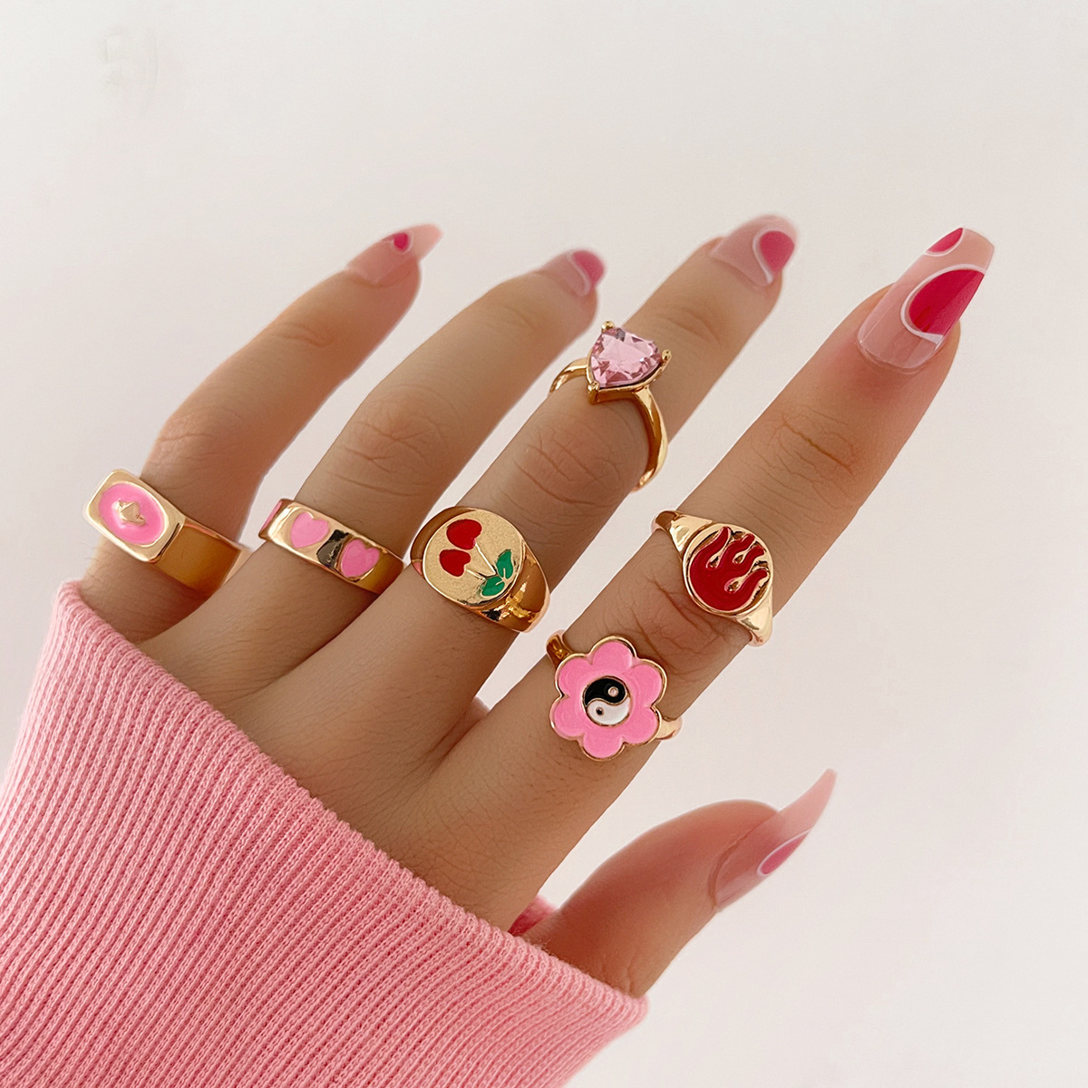 fashion new product creative tai chi flower cherry flame retro joint ring six-piece set