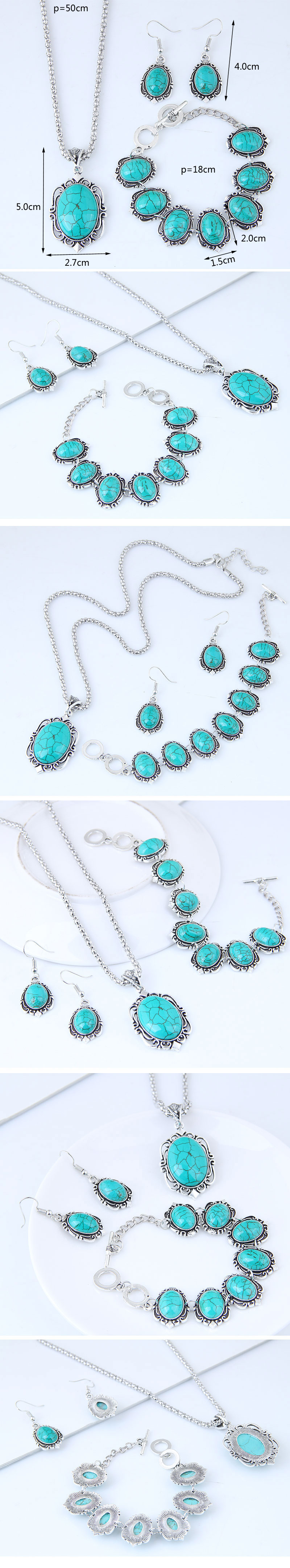 European and American metal inlaid turquoise simple temperament necklace earrings bracelet set