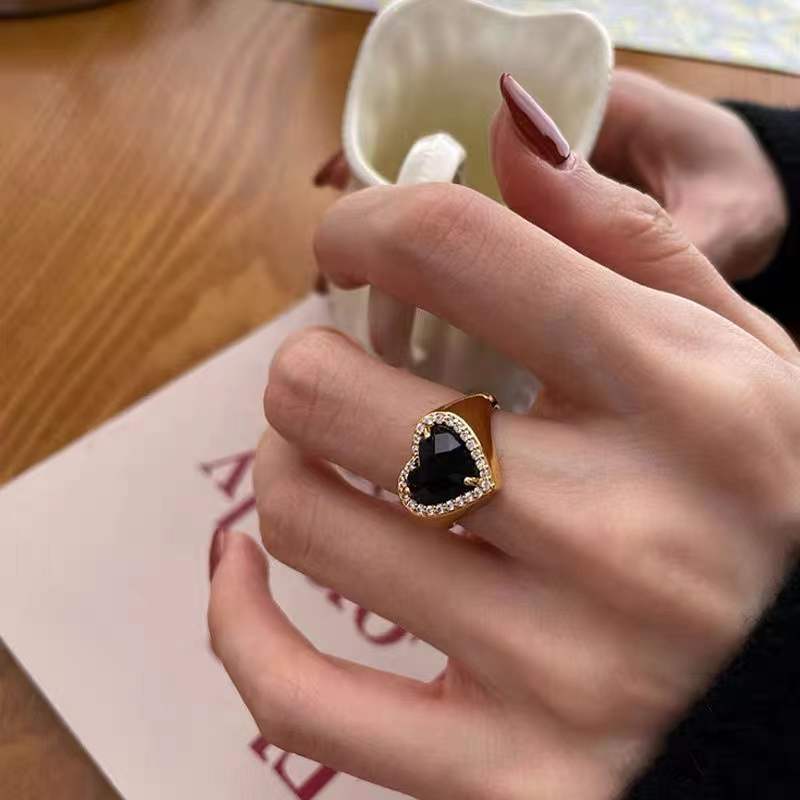 fashion retro black love trendy niche design fashion personality index finger ring